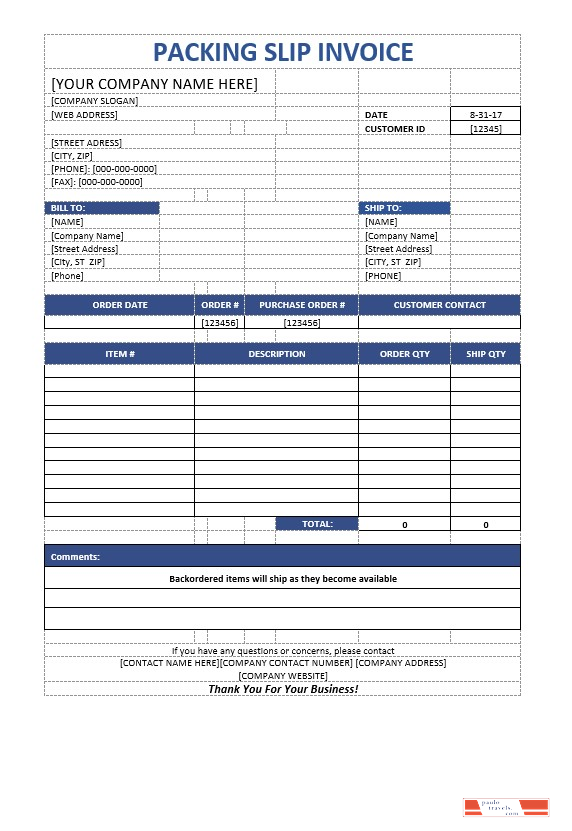 Packaging Slip Invoice Template PSD template